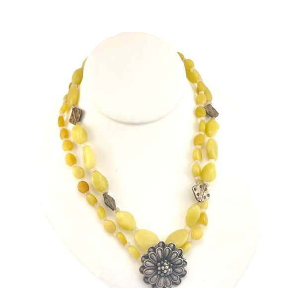 Serpentine Stone 2 Strand Necklace with Flower Blossom Center 16" Choker - Picture 4 of 5